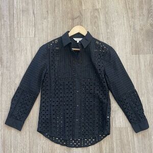 Adiva Black Eyelet Lace Button-Up Blouse Size M feminine classic